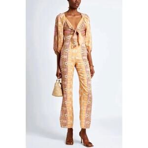 SANDRO Dieppe Printed Wide Leg Jumpsuit Size 36/4 Tan Retro Floral Cutout Plunge